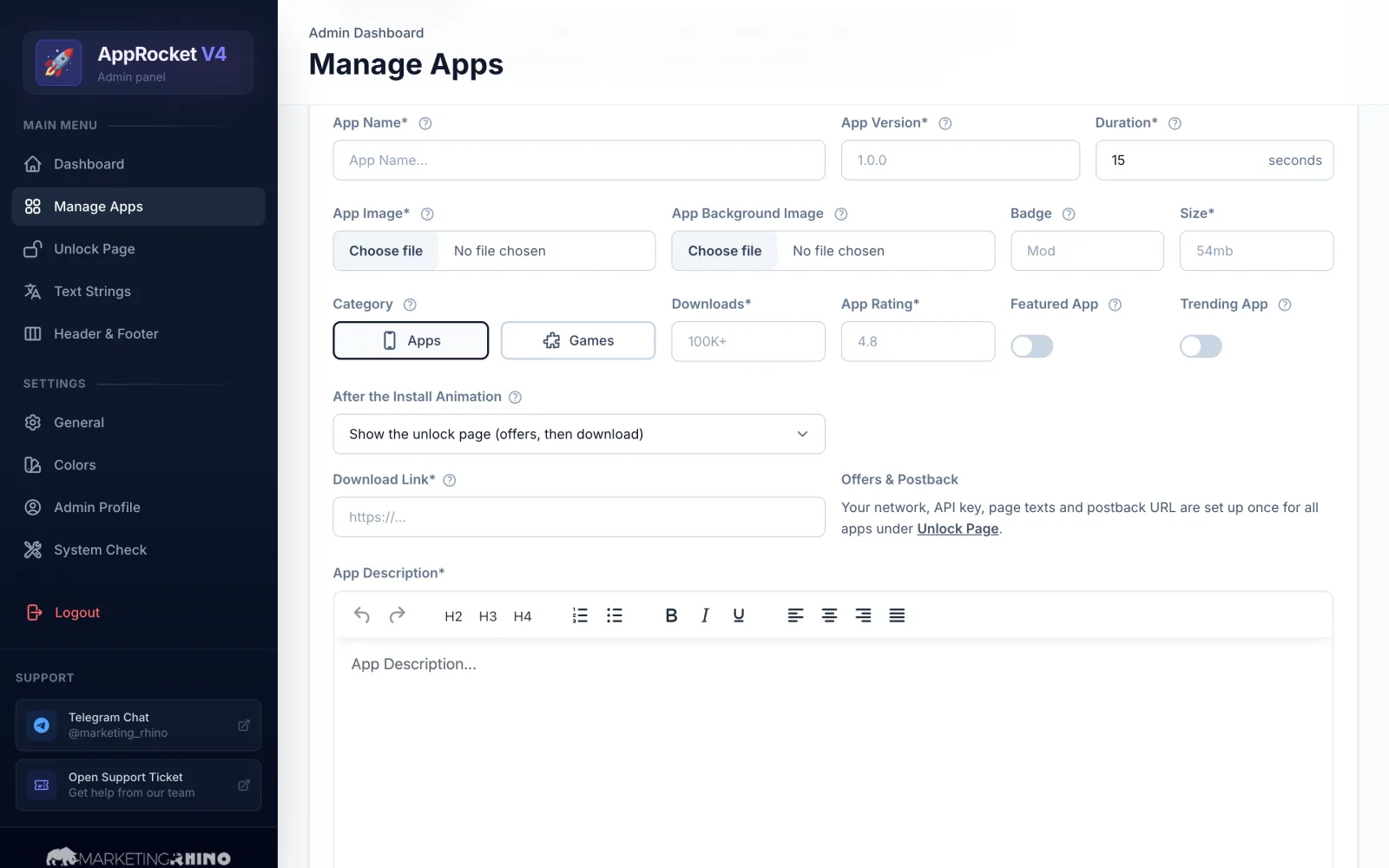AppRocket V4 admin panel: add an app
