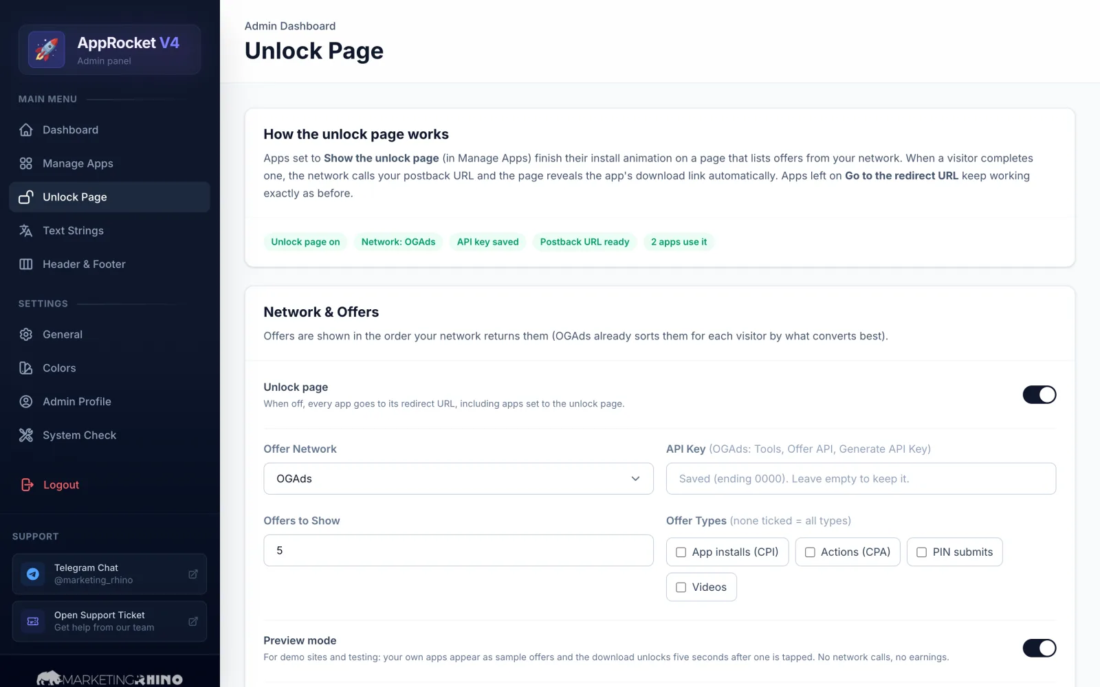 AppRocket V4 admin panel: unlock page settings