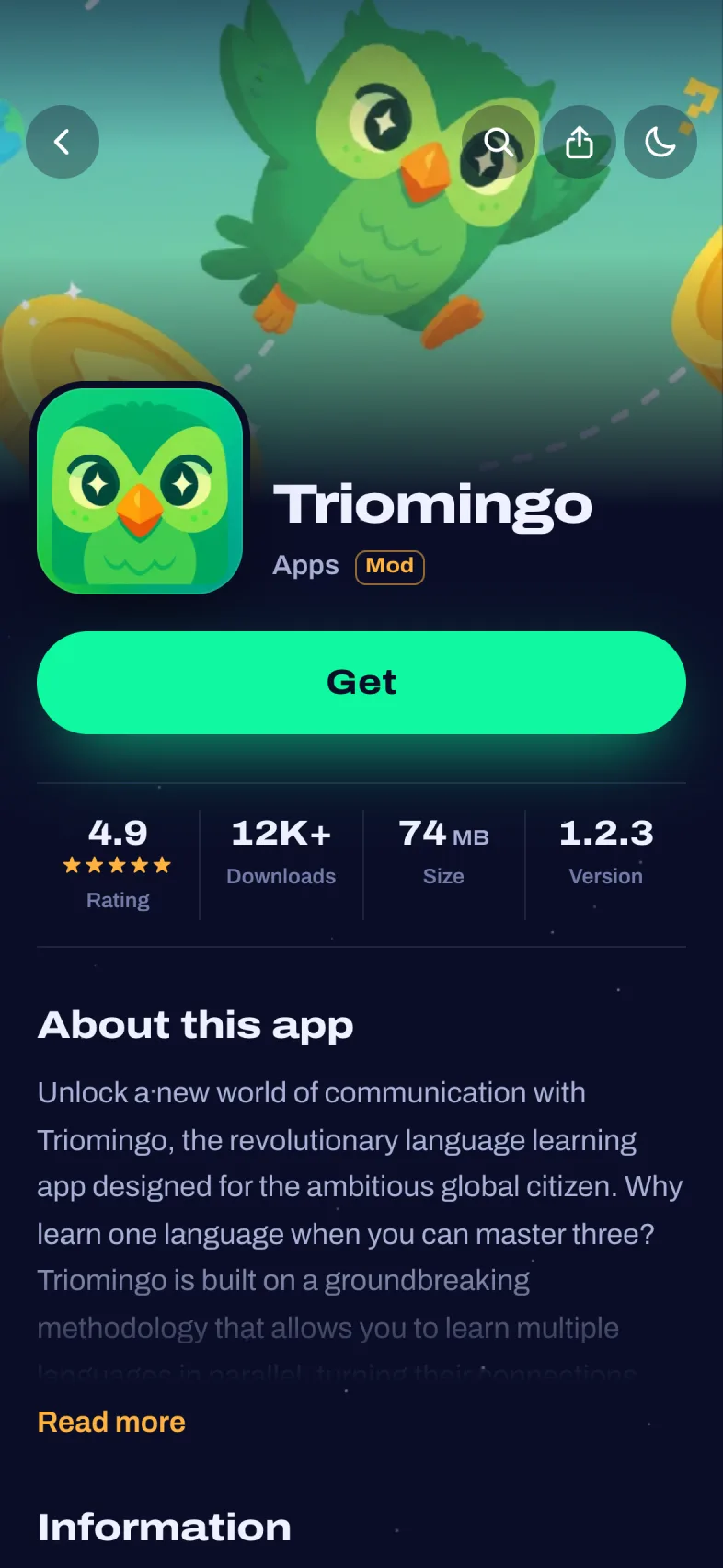 App page in the colors of Triomingo