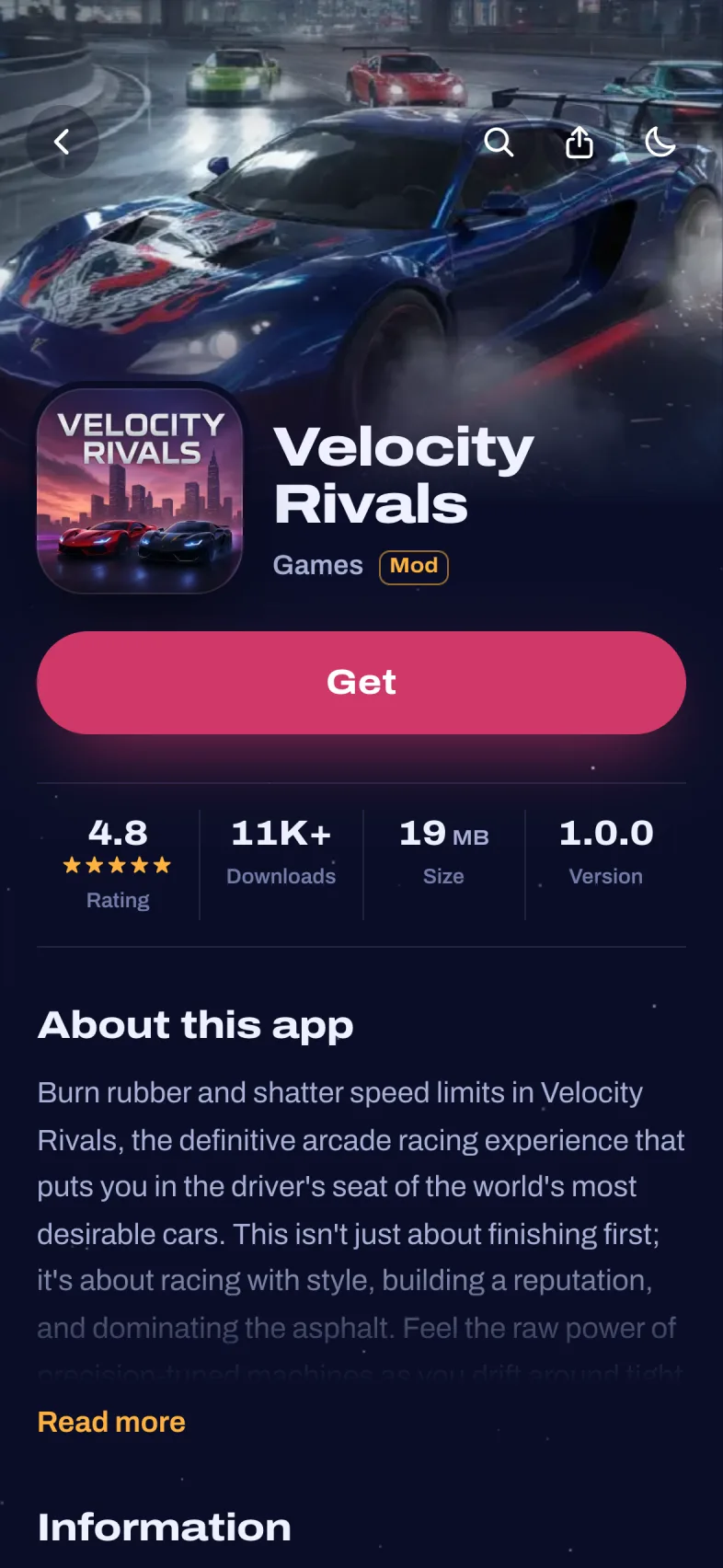 App page in the colors of Velocity Rivals