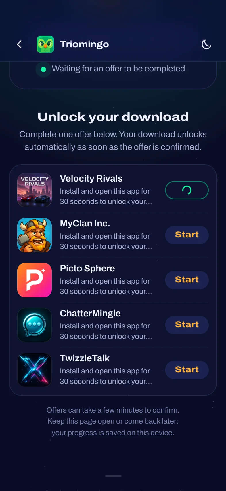 Offer in progress on the unlock page
