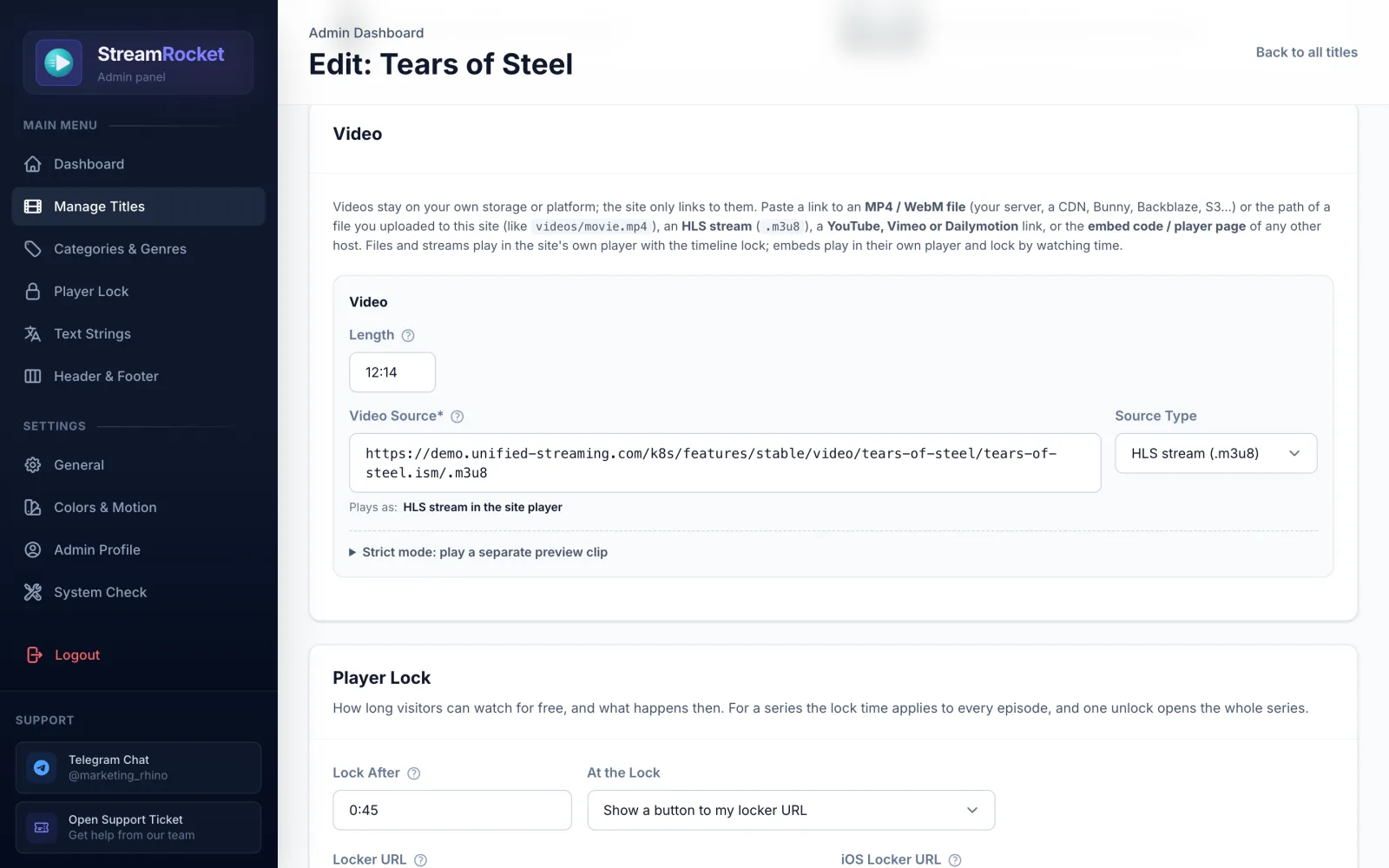 StreamRocket admin: video link with source detection and player lock settings