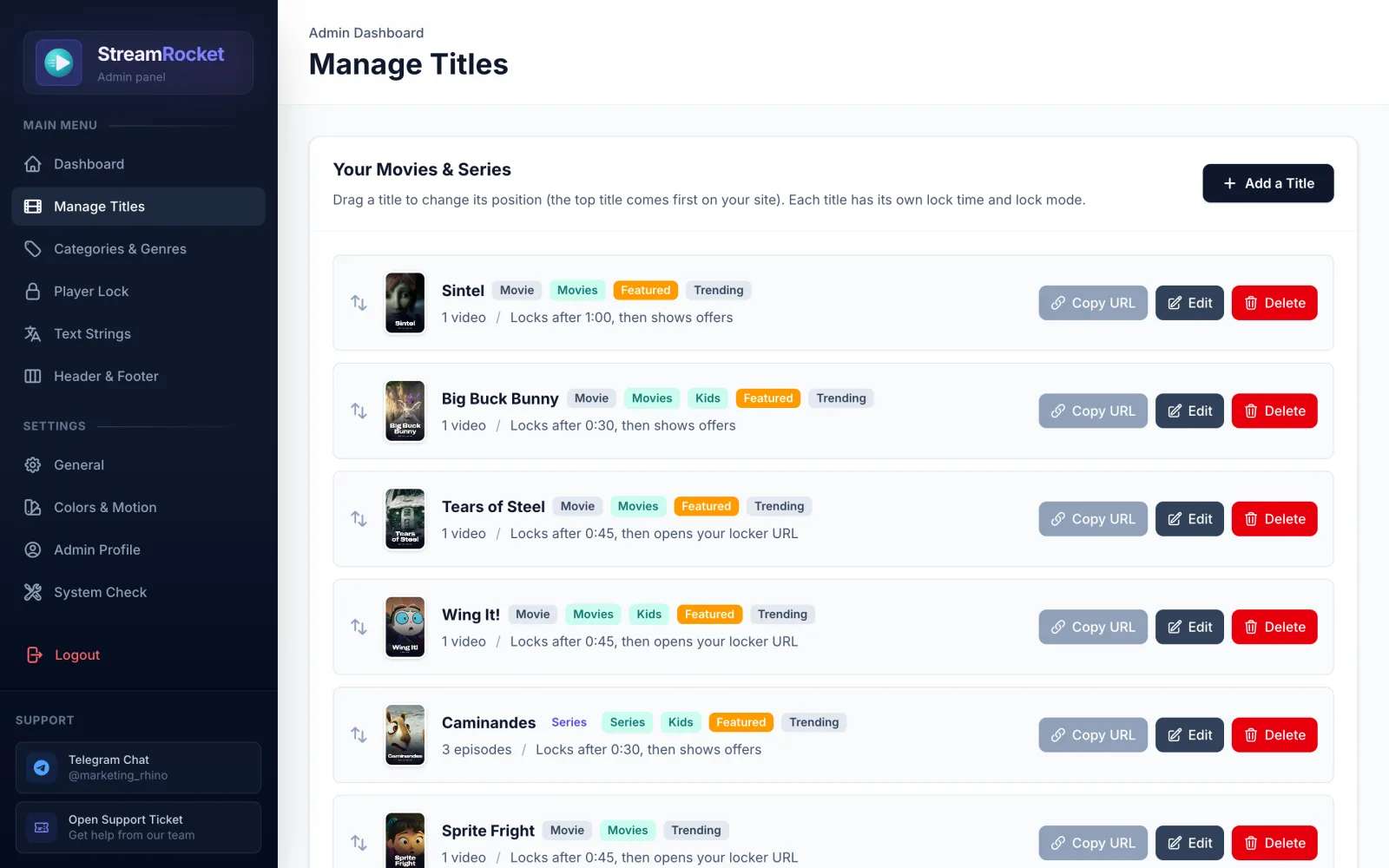 StreamRocket admin panel: manage movies and series
