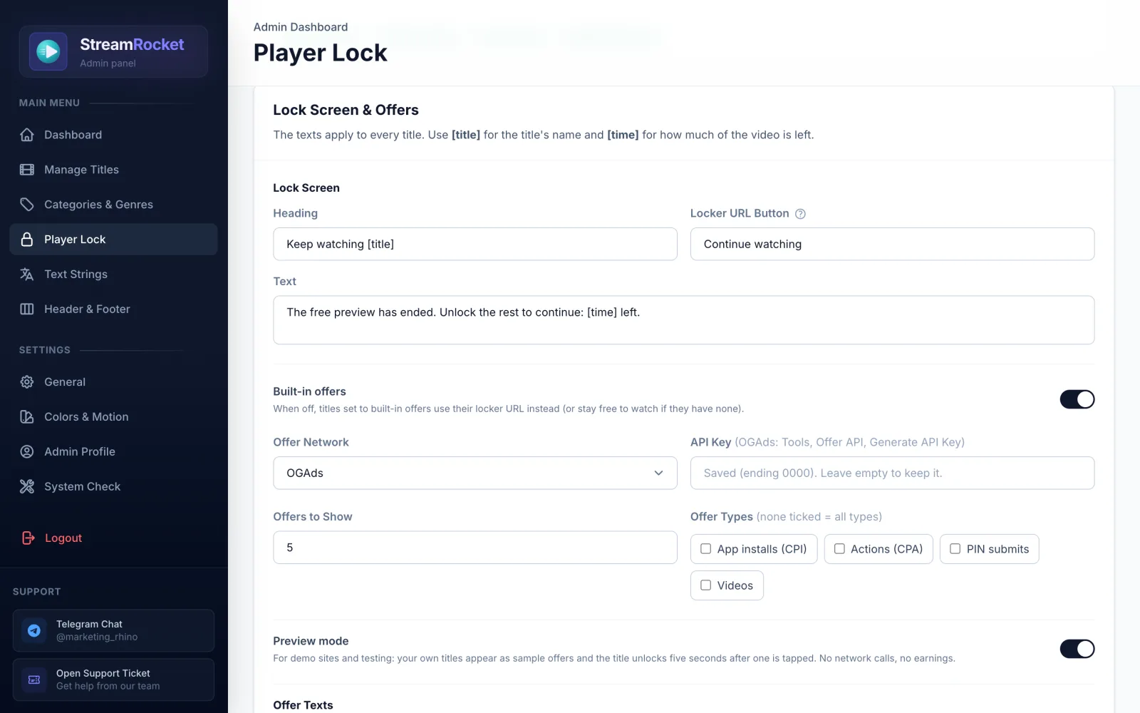StreamRocket admin panel: player lock and offer settings