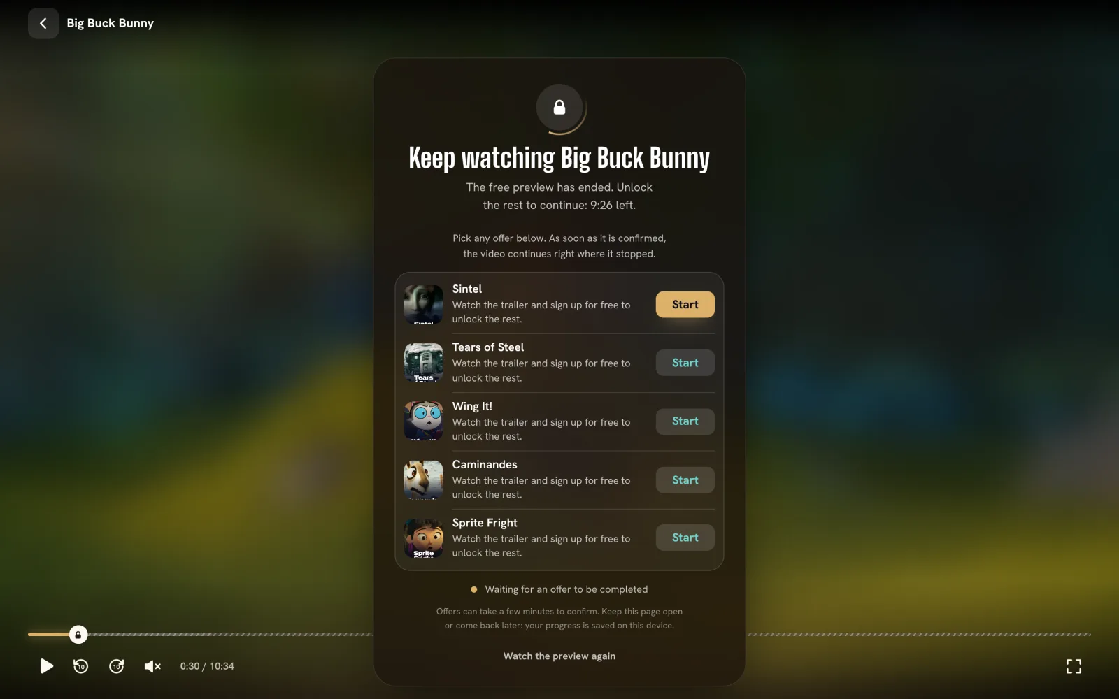 StreamRocket built-in offer locker with OGAds offers over the video player