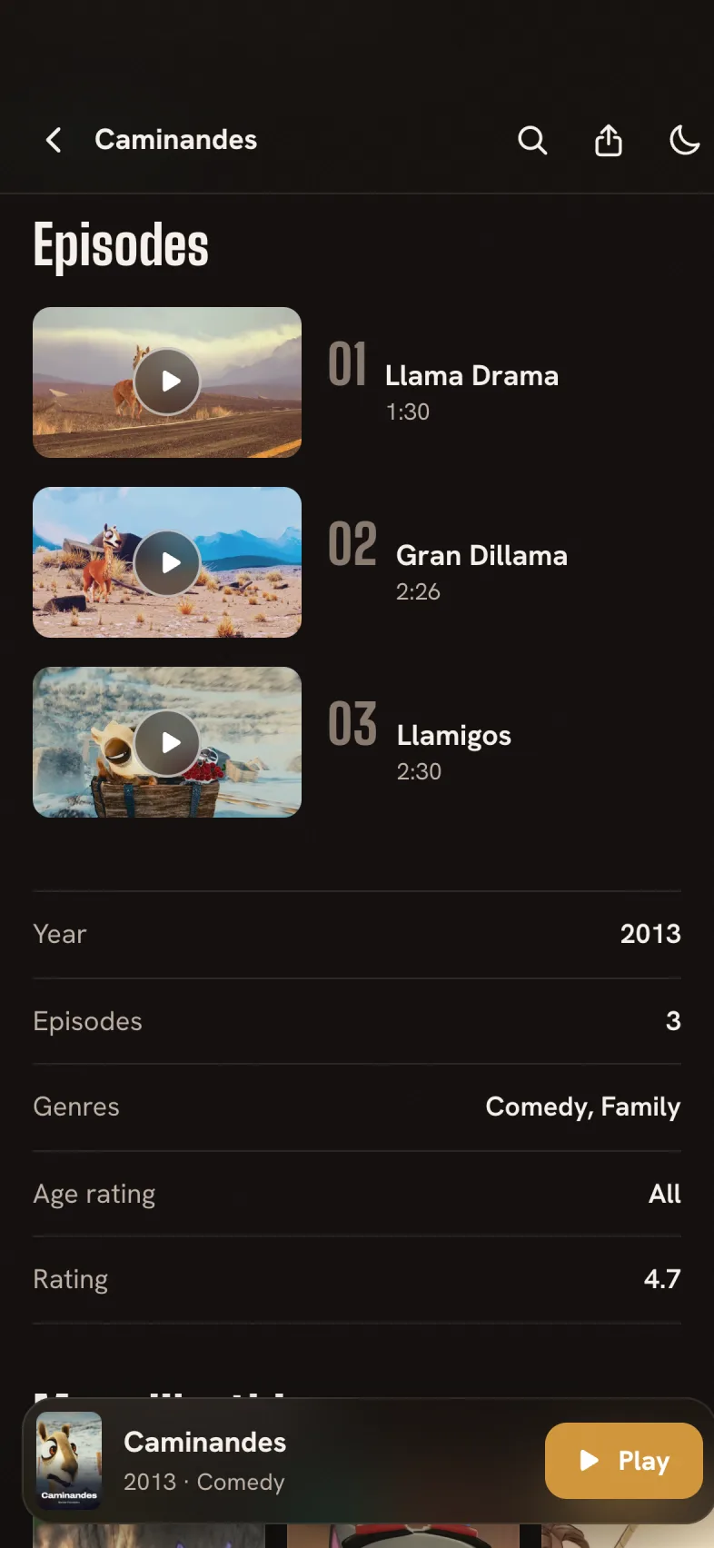 StreamRocket mobile series page with sticky Play bar